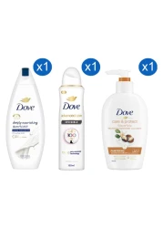 Dove Deeply Nourishing Body Wash with Care &amp; Protect Pampering Shea Butter and Warm Vanilla Scent Nourishing Hand Wash and Advanced Care Invisible Anti-Perspirant Deodorant Spray 250ml+250ml+150ml