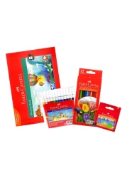 Faber Castell Colour Pencils 12 PCS with Wax Crayons 12 PCS and Fibre-Tip Colour Markers 12 PCS and 120 GSM Drawing Book