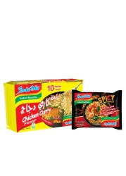 إندومي نودلز سريعة التحضير بنكهة كاري الدجاج 75 غرام حزمة من 10 ونودلز سريعة التحضير مقلية بنكهة الدجاج الحار 83 غرام