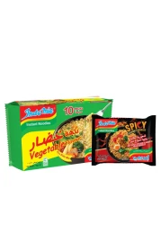 إندومي نودلز سريعة التحضير بنكهة الخضار 75 غرام حزمة من 10 ونودلز سريعة التحضير مقلية بنكهة الدجاج الحار 83 غرام
