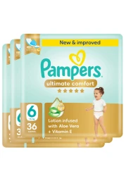 Pampers Ultimate Comfort Diapers with Aloe Vera Plus Vitamin E Size 6 13kg+ Mega Pack 36 Diapers Pack of 3