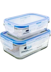 Mondex Glass Food Container With Clips Clear/Blue 350ml+700ml 2 PCS