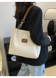 Small Shoulder Tote Bag Letter Patch Decor ColorblockLightweight Portable Large Capacity Business Casual Suitable For Teen Girls Women College Students Rookies White Collar Workers Perfect For Back To