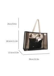 2pcs Women Fashion Color Block Semi Transparent Beach Tote Bag Set