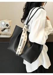 Women s Versatile Solid Color Handbag Malist PU Leather Large Capacity Shoulder Bag With Silk Scarf Decor Lightweight Large Capacity Shopping Bags For Daily Office Work Fashion Waterproof Square Tote