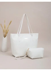 2pcs Quilted Wavy Pattern Large Capacity Tote Bag With Geometric Design Vintage Style Shoulder Tote Shopping Bag Coin Purse For Women