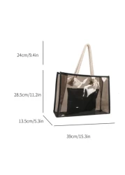 Large Capacity Waterproof Portable Clear Shoulder Tote Bag With Inner Pouch Black PVC For Teen Girls Women College Studentsfor School College Stadium Sports Back To School Perfect For Music Festival S