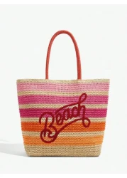 SHEIN BAE Casual Holiday Colorblock Striped Letter Embroidery Tote Bag