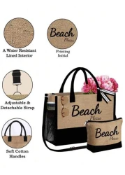 1set Beach Letter Print Tote Simple Linen Tote Reusable Grocery Shopping Tote Bag And Makeup Bag Holiday Gift Bag Perfect For Vacation Travel Khaki Summer Essentials Perfect For Vacation Holiday Suita