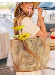 1pc Beach Mesh Tote Bag Casual Tote Bag Women Foldable Shoulder Handbag For Beach Picnic Vacation Large Capacity Waterproof Beach Bag Lightweight Foldable Beach Bag Portable Travel Bag Travel Essentia