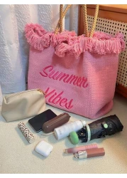 Fashionable Large Capacity Letter Tassel Canvas Tote Bag Simple And Perfect For Shopping And Commuting School Supplies School Bag School Tote Bag Back To School Large Capacity Suitable For Teen Girls