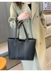 Faux Leather Minimalist Large Capacity Stitch Detail Shoulder Tote Bag For Business Commute Work Office School Bag Back To School Large Capacity Portable Lightweight Suitable For Teen Girls Women Coll