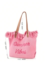 حقيبة كتف كانفاس كبيرة السعة بتصميم رسائل وشرابة، بسيطة للنقل واليوميات والتسوق