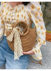1 Pc Fashionable Bohemian Vacation Style Solid Color Woven Grass With Ribbon Decoration Circular Handle Women s Hand Held Beach Bag Suitable For Leisure Travel Vacation Simple Clothing Matching And Ou