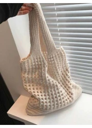 Yogodlns Women Girls Knitted Shoulder Bags Retro Hollow Woven Large Capacity Floral Decor Shopper Handbags Crochet Bag Crochet Bags For Women Summer Beach Tote Bag Vacation Essentials Perfectly Matchi