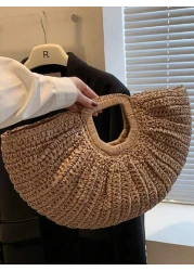 1pc Large Capacity Khaki Tote Bag Woven Straw Open Top Round Bag For Travel Vacation Beach Summer Straw Beach Bag For Women Vacation Essentials Perfectly Matching With Beach Accessories Women