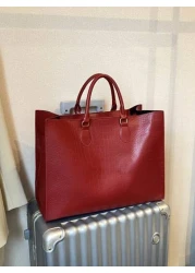 Ankula Burgundy Vintage High Quality Tote Bag New Autumn Winter Fashion All Match Large Capacity Solid Color Crocodile Grain Handbag Suitable For Office Ladies Commuting Laptop Daily Outing Shopping M
