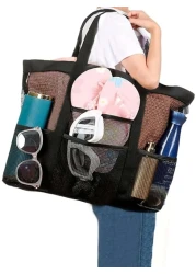 1PC Large Mesh Beach Bag Sandproof Swim Tote Bag Oversized For Family Foldable Lightweight Pool Boat Bag With Zipper And Extra Pockets For Toys Vacation Beach Cruise Essentials School Bag Large Capaci