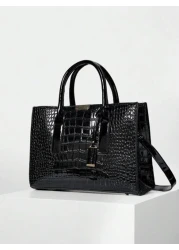 Women s Faux Crocodile Embossed Black Tote Bag Large Capacity Shoulder Bag Handbag Crossbody Bag Simple Crocodile Pattern Tote Bag Faux Leather Shoulder Bag Women s Classic Handbag Business Casual Wom