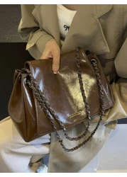 حقيبة جلدية مشمعة للنساء مع سلسلة كتف ، حقيبة عبر الجسم كبيرة