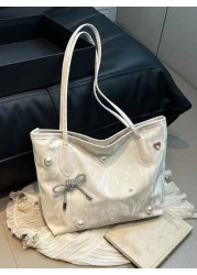 Women s Y2K Pearl Bow Decor Tote Bag Cute Millennium Style Shoulder Bag For Commute And Shopping