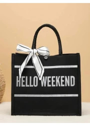 Letter Patterned Fashionable Canvas Tote Bag School Bag Large Capacity Portable For Teen Girls Women College Students White Collar Workers Perfect For Work Back To School Middle School High School Col