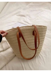 Straw Bag Straw Woven Handbag Beige Women Tote Bags Large Capacity Portable Beach Holiday Bag Double Handle Shoulder Bag Lunch Bag Business Bag Women s Stylish Shopping Bag For Teen Girls Women Colleg