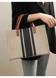 حقيبة يد من الخيش ذات ألوان بسيطة، حقيبة كتف للتخزين متطابقة تمامًا، حقيبة نسائية بسيطة للعمل