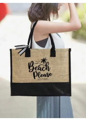 Beach Themed Beach Tote Bag Set For Women Printed With Artistic Letters Beach Beach And Coconut Tree Pattern Large Capacity Handbag And Two Makeup Bags