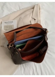 Large Capacity Vintage Casual Tote Bag For Women With Multi Layered Compartments Crocodile Embossed Flap Cover Adjustable Shoulder Strap Suitable For Commuting And Outdoor Travel Autumn Retro Inspired