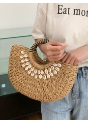 Tropiscape 2025 Fashion Hollow Straw Shell Bag Handwoven Semi Circle Tote Handbag Suitable For Beach Holiday Daily Use Travel Parties Gift For Women Bohemia Chill Vacation