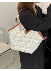 Bow Decor Lightweight Portable Casual Fashion Plaid Pattern Skinny Scarf Decor Tweed Shoulder Tote Bag For Girls Women College Students Rookies White Collar Workers For Fall Winter Essential For Work
