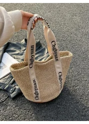 Women s Stylish Woven Straw Beach Tote Bagschool Tote Bag School Bookbag Portable Foldable Business Casual Suitable For Teen Girls Women College Students Teacher Rookies White Collar WorkersCollege Va