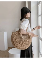 In 2024 The New Fashion Holiday Style Large Capacity Straw Beach Bag Hollowed Out Design Is Suitable For Travel School Bag Large Capacity Lightweight Portable Classic Casual Suitable For Teen Girls Wo