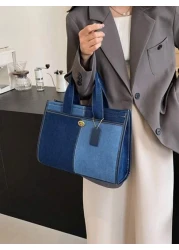 Classic Fashion Contrast Color Double Handle Tote Bag Large Capacity Lightweight Portable Side Pocket Canvas College Style Handbag Suitable For Travel Shopping Commuting Outdoor Activity And Campus Us