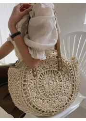 Yogodlns Hollow Out Summer Round Bags For Women Rattan Shoulder Bag Girls Handmade Woven Handbags Female Large Summer Perfect For Vacation Holiday School Bag Large Capacity Portable Classic Casual For