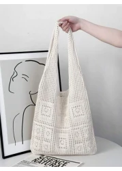Minimalist Crochet Bag Hollow Out Design Vacation School Bag Large Capacity Portable For Teen Girls Women College Students White Collar Workers Perfect For Work Back To School Middle School High Schoo