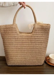 1pc Large Capacity Woven Rattan Handbag Solid Color Summer Beach Bag For Ladies School Bag Portable Large Capacity Lightweight For Teen Girls Women College Students College Middle School High School O