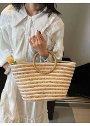 New Straw Tote Bag Large Capacity Women Casual Versatile Handbag Shopper Bag Striped Round Handle Beach Bag For Vacation Travel