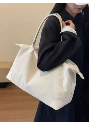 A Plain Corduroy Casual Minimalist Style Large Capacity Foldable Zipper Hand Held Shoulder Tote Bag Suitable For Women s Daily Commuting Shopping Travel Vacation Mommy Storage Bag