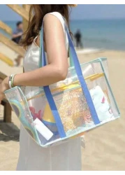 1 2pcs Clear Mesh Large Capacity Tote Bag Beach Bag PVC Waterproof Sandproof Storage Bag Mesh Beach Bag Large Beach Tote Bag Summer Beach Toy Storage Bag Bathroom Bag Foldable Shoulder Handbag Beach S