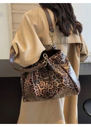 Women Leopard Print Letter Decor Fashionable Versatile Tote Bag