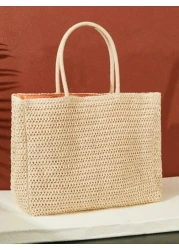 SHEIN VCAY Large Capacity Letter Graphic Straw Bag Woven Bag Perfect For Summer Beach Travel Vacation For Outdoor Holiday Picnic Summer Essentials Perfect For Vacation HolidaySchool Bag School Handbag
