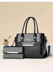 PLANEE 2pcs Fashionable Letter Patch Decorated Handbag With Coin Purse Business Casual Woman Bag Pefect For Office Business And Work Eye Catching Work Bags For Women Best Mothers Day Gifts Ever