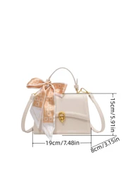 قطعة واحدة حقيبة يد نسائية من الجلد المصنع (بي يو) بلون واحد، تصميم أنيق من معدن صلب مزين بوشاح مطبوع، حزام كتف