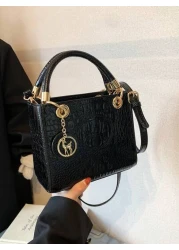 حقيبة يد نسائية كبيرة السعة، حقيبة يد أنيقة فاخرة للنساء، ذات نسيج مزخرف بنمط التمساح، باللون الأسود، ذات حزا