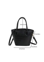 1pc Embossed Faux Leather Black Bucket Bag With Double Top Handles Adjustable Shoulder Strap And Zipper Closure Fashionable Crossbody Or Hand Bag For Women s Daily Use Work Or Shopping