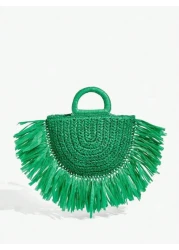 SHEIN SXY Ladies Women Top Handle Bags Straw Bag Tassel Fashionable Elegant Simple Personality For Beach Vacation Holiday Summer Seaside Green