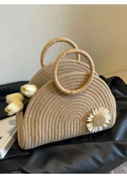 Straw Semi Circular Tote Bag Ring Top Handle Woven Basket With Daisy Decor Bohemia Travel Crossbody Bags Women s Trendy Solid Color Handbag For Summer Outdoor Picnic Basket Perfect For Gifts Storage A