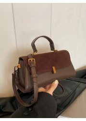 1pc Women Retro Suede Like Fashion Handbag PU Patchwork Shoulder Bag Small Square Daily Work Purse